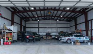 Image of the hangar at Rellis campus where cars and other vehicles are stored